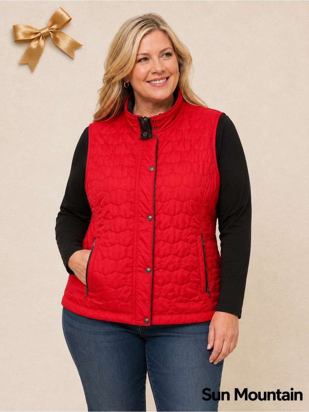 Sun Mountain Quilted Polyester Vest Zipper Snaps Sz XL Red Lining